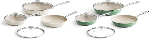 Redchef Nonstick 12-Piece Fry Pan Set, 8, 9.5, and 11 Inch Frying Pans with Tempered Glass Lids, Stay-Cool Handles, Dishwasher & Oven Safe, Induction Safe, Compatible with All Cooktops, beige &green