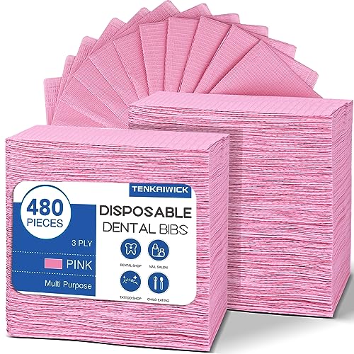 480 Pack Disposable Dental Bibs 13x18, 3-Ply Waterproof Tattoo Bibs Sheet for Nail Salon, Dental Clinic, Feeding, Tattoo Shop Pink