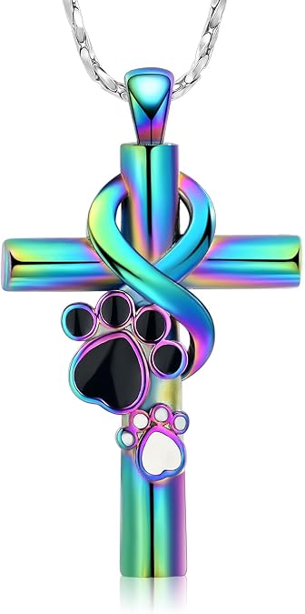 Paw Print Cremation Jewelry for Ashes for Pet Infinity Cross Urn Necklace for Ashes Stainless Steel Ashes Pendant Keepsake Memorial Jewelry for Dog Cat Ashes