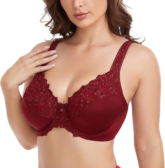 Women's Embroidery Lace Underwire Bra Unlined Plus Size Minimizer Bra Non-Padded