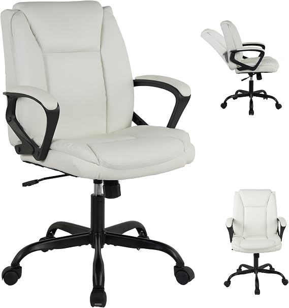 Office Chair,Executive Desk Chair with Lumbar Support,PU Leather Mid Back Computer Chair with 360-Degree Rolling Swivel Tilt,Ergonomic Desk Chair with Padded Armrest for Adult Men Women,White