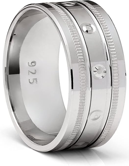 Metal Masters Sterling Silver 925 Ring Grooved Milgrain Wedding Band Comfort-Fit 9MM High-Polish
