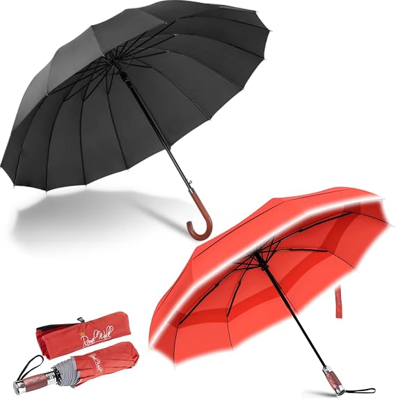 Royal Walk Large Umbrella for Rain, Windproof Folding Travel Umbrella with Vented Canopy, Genuine Wood Handle, Automatic Open Close, Reflective Strip for Safety in the Dark
