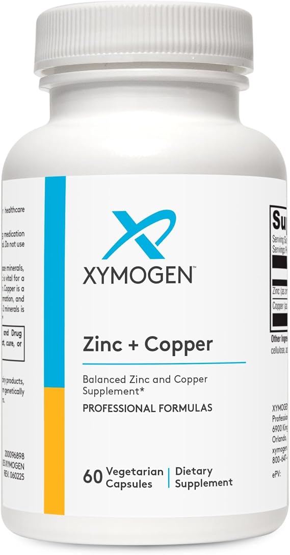 XYMOGEN Zinc + Copper - Essential Trace Mineral Supplement for Immune System & Enzymatic Support - Balanced Zinc & Copper Formula - 60 Capsules