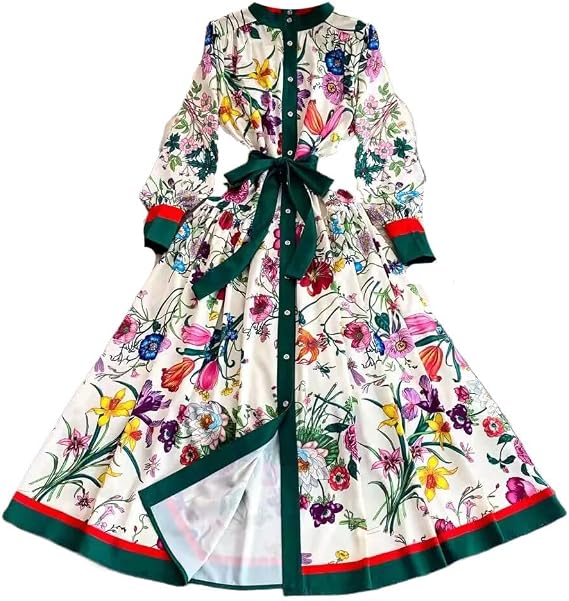 Shirt Collar Dress for Women Autumn Lantern Sleeve Floral Print White1 S
