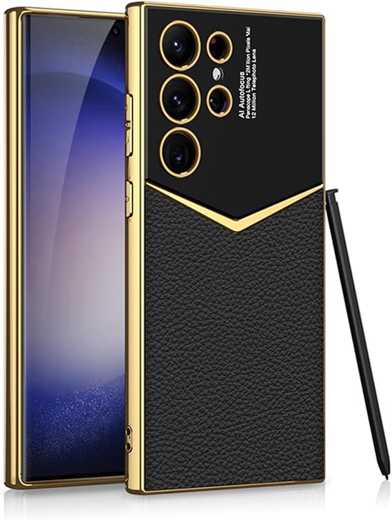 Leather Case for Samsung Galaxy S23 Ultra with Electroplated Frame, Vintage Luxury PU Non-Slip Grip Shockproof Full Body Protective Cover Phone Cases for Samsung Galaxy S23 Ultra 5G (Black)