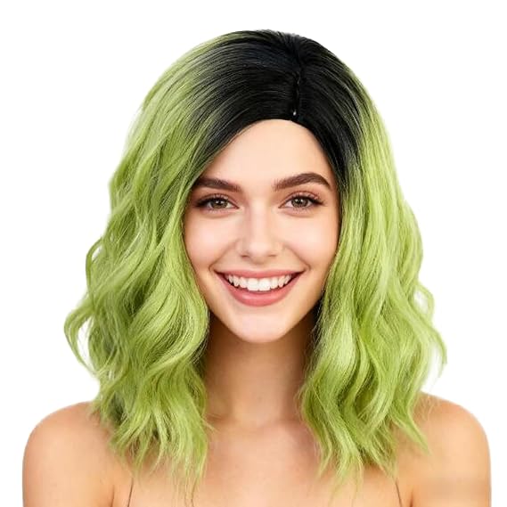 Dark Root Ombre Green Short Joker Curly Wavy Cosplay Halloween Party Wig
