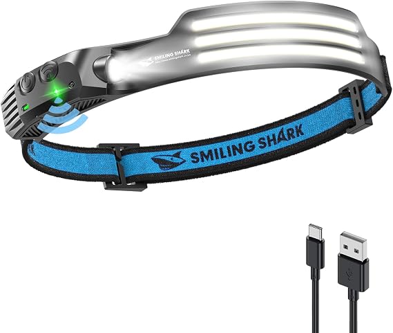 Smiling Shark Headlamp, 230Wide Angle 3*White Light Strips The Brightest Head Lamp Rechargeable with Motion Sensor Waterproof Headlight for Camping Hiking Outdoor