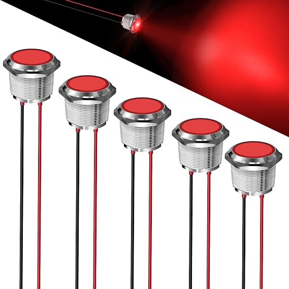 5 Pcs LED Metal Waterproof Indicator Light, 12-24V 0.87-inch Mounting Hole Pre-Wired Pilot Signal Light for Car, Trucks, Boats, Marine, Dash, Industrial Electricity (Red, 22mm)