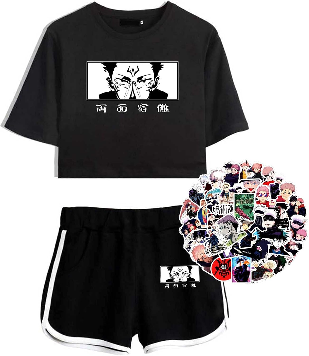 Elibeauty Womens Jujutsu Kaisen Shorts Set with Sticker Crop Top T-Shirt Pants Anime Gift Outfits