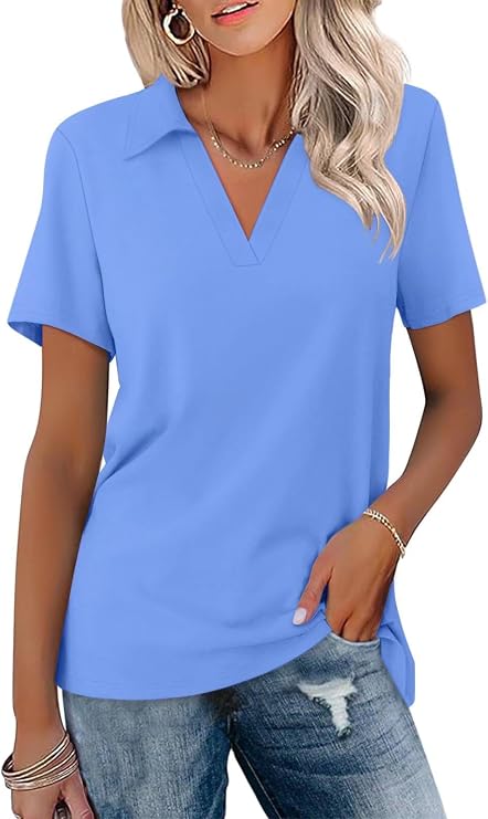 ORANDESIGNE Womens Short Sleeve V Neck Polo Shirts Summer Collared Tops