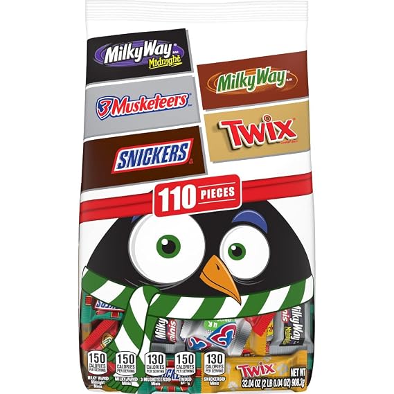 Mars Chocolate SNICKERS, TWIX, 3 MUSKETEERS, MILKY WAY Original and Midnight Holiday Chocolate Candy Minis Size Christmas Variety Bulk Pack 32.04 oz, 110 Pieces Bag