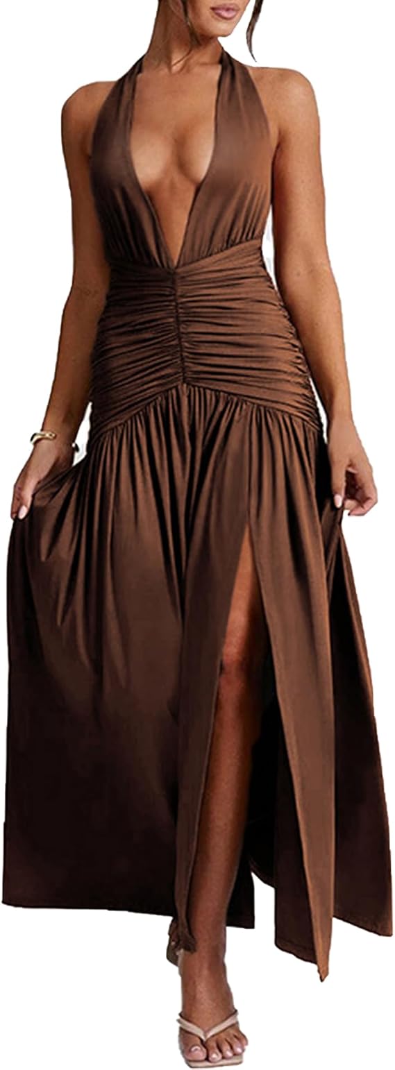 Ekaliy Women's Sexy Halter Deep V Neck Maxi Dress Sleeveless Backless High Slit Ruched Long Dress Summer Party Cocktail Dress