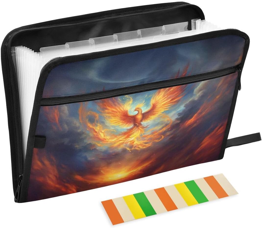 ALAZA Fire Phoenix Expandable Filing Folder Storage Organiser Box Files, 13 Pockets Zip Filing Folders for Home or Office Documents