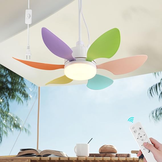 AHAWILL 18.5" Gazebo Fan,Outdoor Plug in Ceiling Fans with Lights,3 Color Dimmable 3 Fan Speeds,Portable Hanging Ceiling Fan for Patios,Tent,Indoor.Colorful Blades
