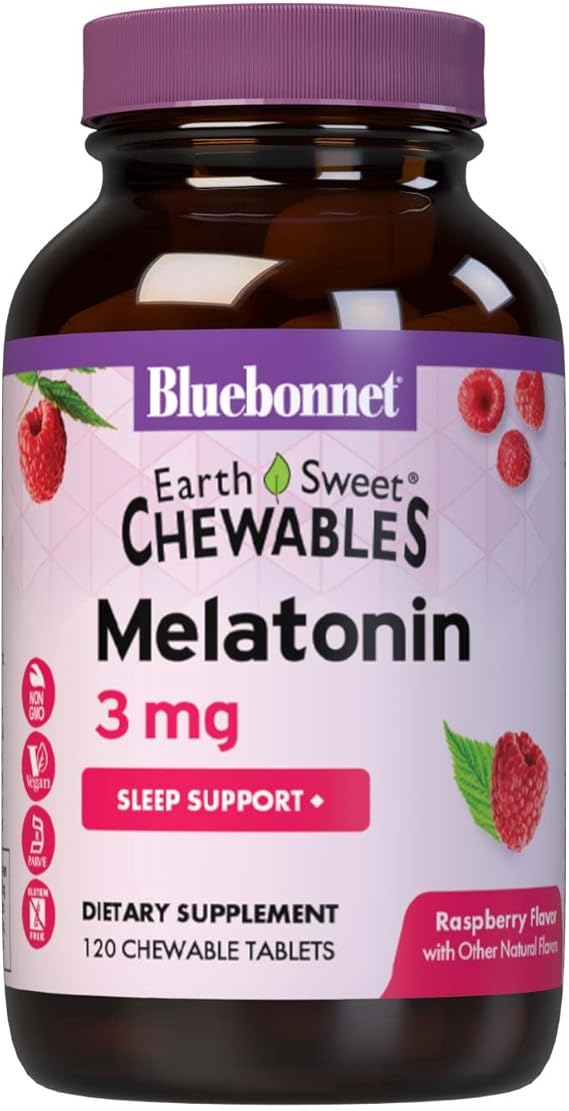 Bluebonnet Nutrition EarthSweet Melatonin 3 mg Fast-Acting Quick Dissolve Nighttime Relaxation & Restful Sleep Support - Sleep Aid - Gluten-Free, Vegan - Raspberry Flavor - 120 Chewable Tablets