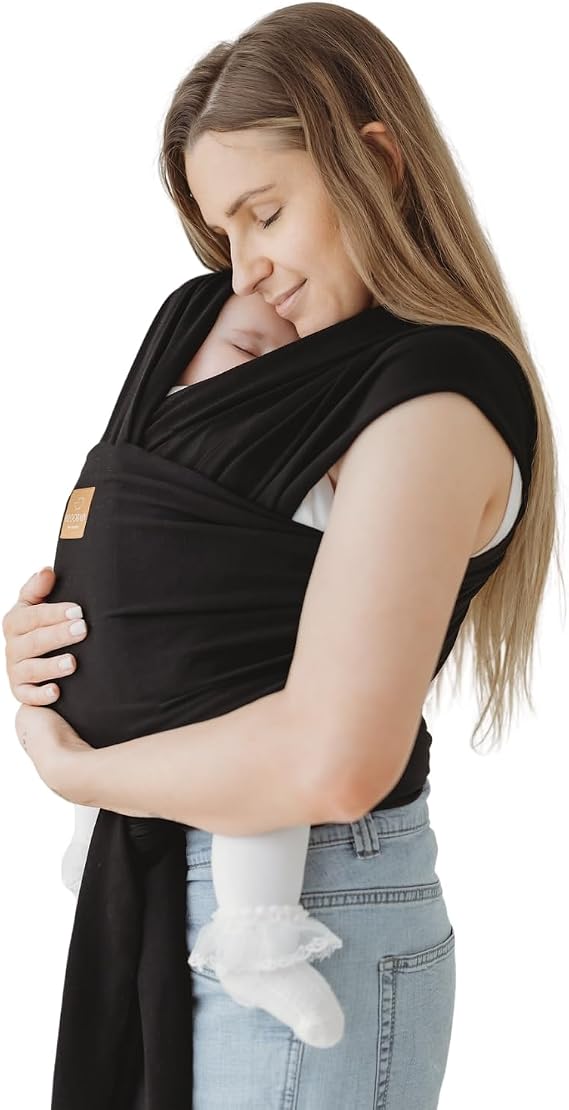 RYLOOBABY Baby Sling Carrier & Stretchy Baby Wrap - Newborn Baby Carrier 3.2–15 kg, Soft Cotton Hands-Free Babywearing Sling, Hip Healthy, One Size XXS–L - Black