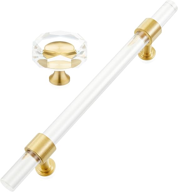 QOGRISUN 10-Pack 1-1/4-Inch Polygon Brass Crystal Cabinet Knobs, 5-Pack 5-inch Hole Acrylic Cabinet Pulls Handles