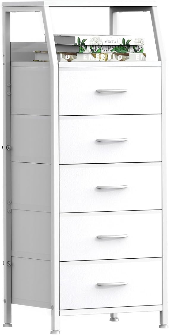 5 Drawers White Tall Fabric Dresser for Bedroom, Dorm Nightstand