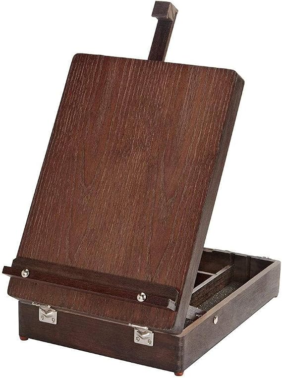 KINGART Adjustable Wood Table Sketchbox Easel, Premium Beechwood Espresso Stain - Portable Artist Desktop Storage Case, Hold All Supplies