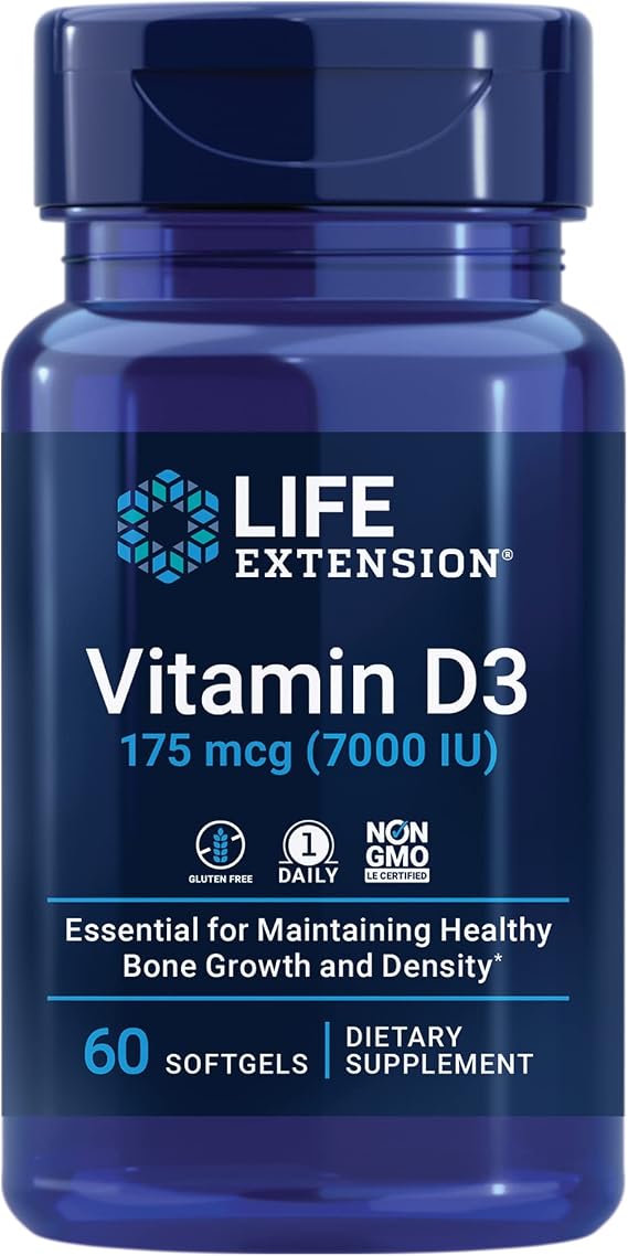 Life Extension Vitamin D3 175 mcg (7000 IU), Immune System Support, Bone Health, Brain Performance, Gluten-Free, Non-GMO, Once Daily, Two-Month Supply, 60 softgels | Bone Health, Cognitive Health & Immune System Support, Gluten-Free & Non-GMO, Once Daily for a Two-Month Supply