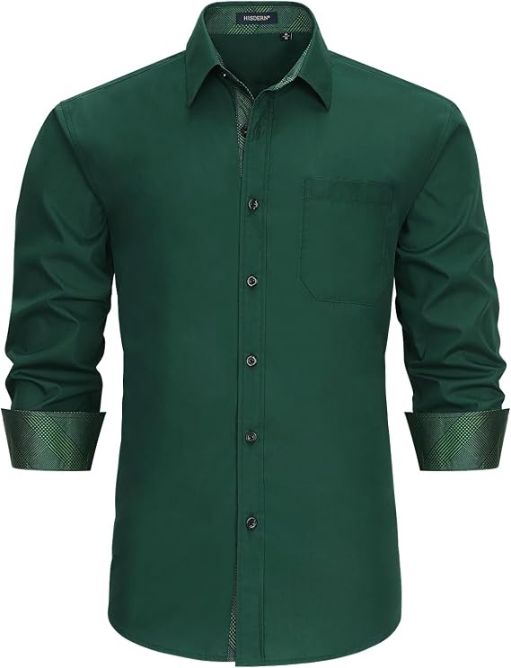 HISDERN Men's Inner Contrast Shirt Casual Formal Classic Button Down Dress Shirts Long Sleeve Plaid Collar Regular Fit