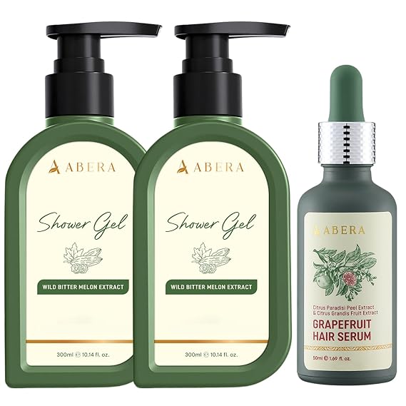 ABERA BHA Shower Gel with Wild Bitter Melon Extract & Tea Tree Oil, Clarifying Body Wash for Rough, Bumpy & Uneven Skin, 2 Boxes + Grapefruit Hair Serum Gift
