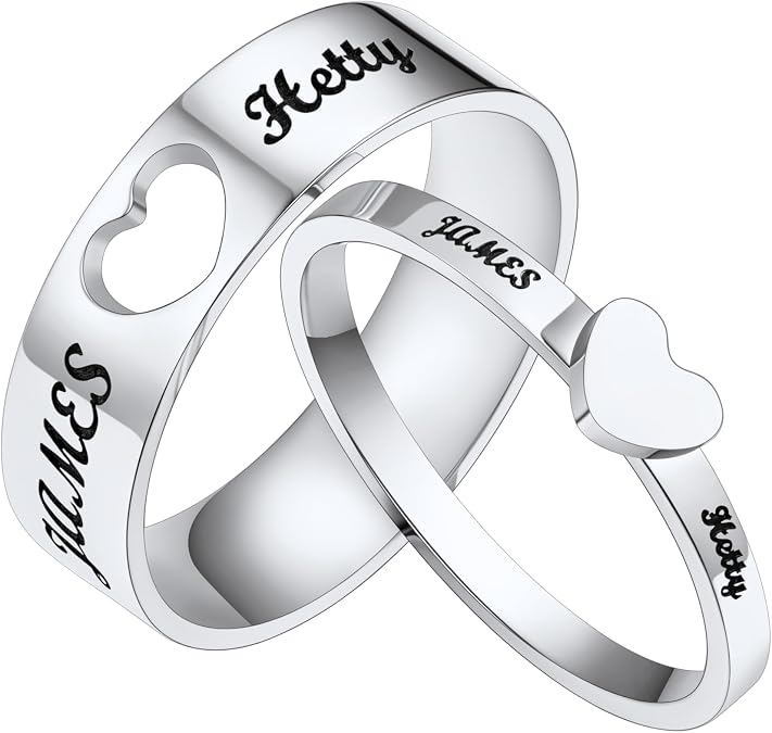 Custom4U Stainless Steel Promise Rings for Couples Custom Couple Rings for Him and Her Set Engraved Name Love Heart Wedding Band Anniversary Birthday Valentines Day Jewelry Gifts (with Gift Box)