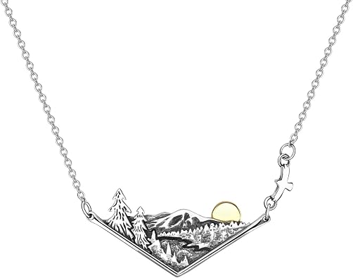PELOVNY Christmas Gifts 3D Mountain Range Necklace for Women Sterling Silver Wandering River Mountain Valley Sunset Pendant Necklace Nature Jewelry Gift for Nature Lovers and Climbers