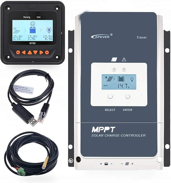 EPEVER 60A MPPT Solar Charge Controller 12/24/36/48VDC Automatically Identifying System Voltage with MT52 Remote Meter & Temperature Sensor RTS & Communication Cable RS485