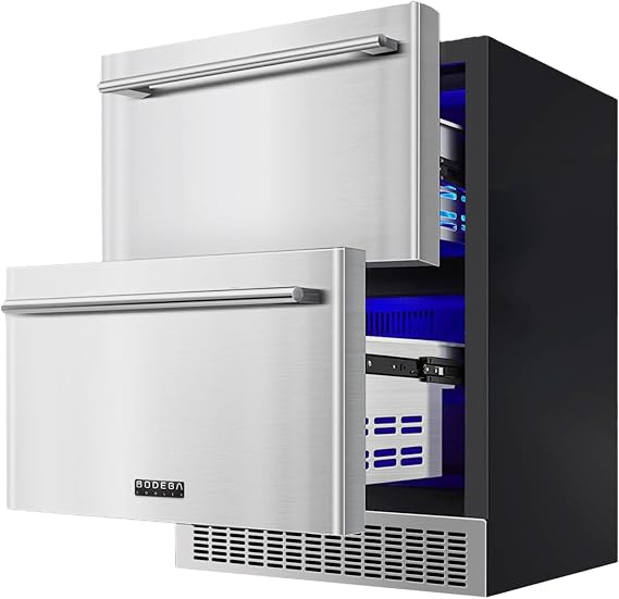 BODEGA 24 Inch Beverage Fridge under Counter, Double Drawer Outdoor Coolers for Patio and Deck Weatherproof, Stainless Steel Beverage Refrigerator for Beer, Soda, Holds 180 Cans