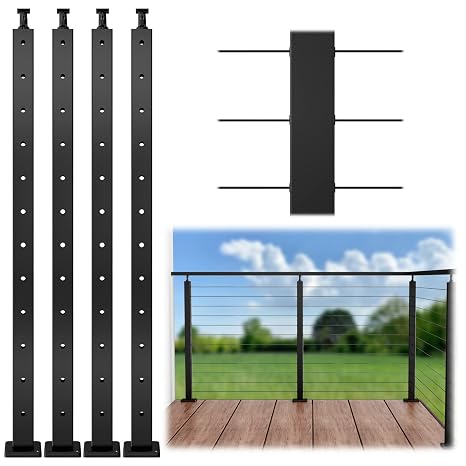 Muzata 4Pack 42" Black Cable Railing Post Level Drilled PS01 BH4L