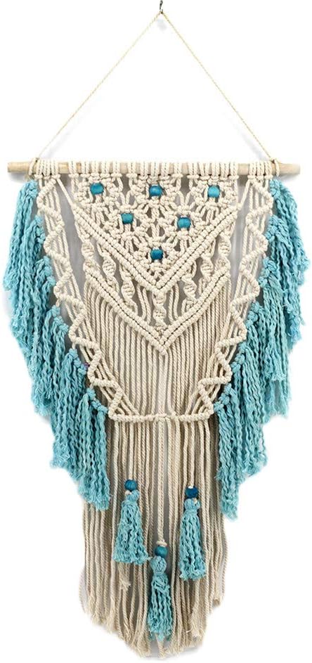 Macrame Wall Hanging Woven Wall Art Aqua Blue Color Tassel Macrame Tapestry Boho Pediments Wall Decor for Apartment Dorm Living Room Bedroom Baby Nursery Art Party Wedding Backdrop