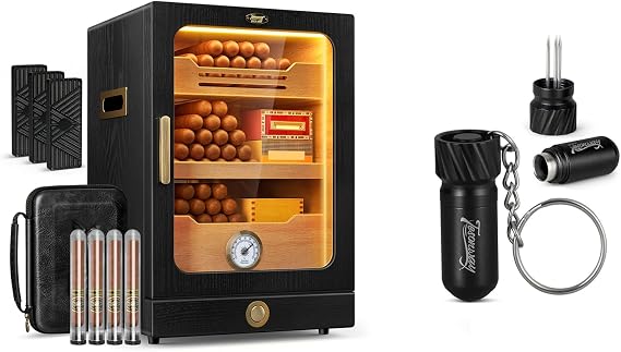 Tesonway Cigar Humidor Cabinet and Cigar Punch Cutter, with Light Control System, Spanish Cedar Wood Shelves, Hygrometer, 3 Humidifiers, 2-in-1 Cigar Needle, Cigar Draw Enhancer Tool Triple Nubber