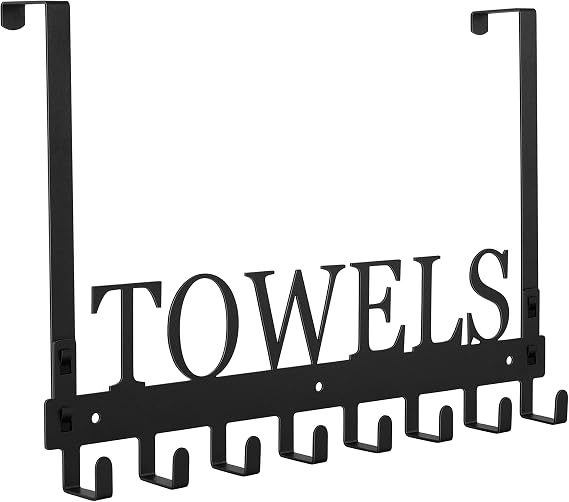 Azmoncy Over The Door Hooks, Towel Rack for Bathroom Towel Holder for Hanging Heavy Duty, Wall Mount Towel Hanger with 8 Hooks for Bedroom Bathroom Pool Kitchen Towels, Bag, Coats, Black
