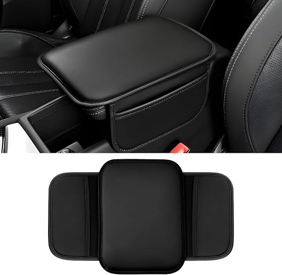 Car Center Console Cover, 11.6"8.3" Leather Car Armrest Cushion Pad with 2 Storage Pockets, Comfortable Arm Rest Box Cover Mat for Most Vehicles, Universal Interior Accessories (Black)