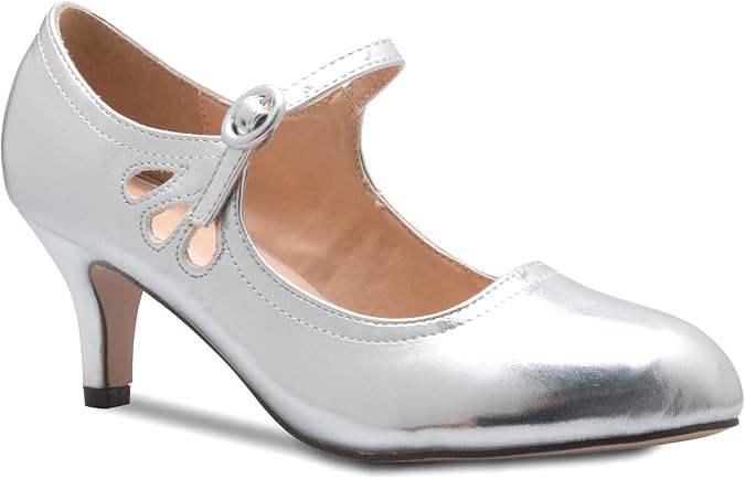 Olivia K Women's Kitten Low Heels Round Toe Mary Jane Pumps - Adorable Vintage Retro Shoes- Unique Side Cut Out Design