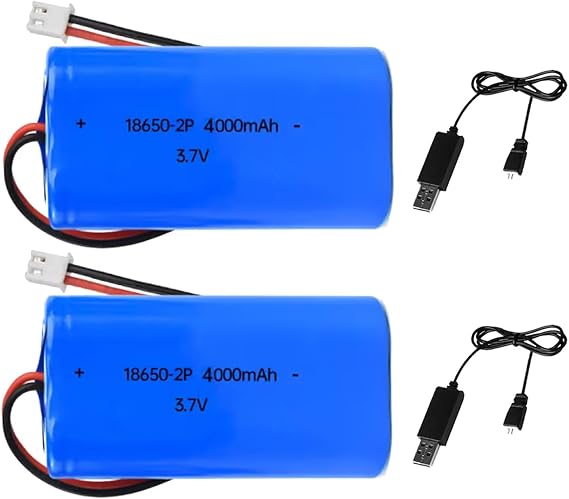 2Pcs 3.7V 4000mAh Li-ion Battery Pack Replacement 18650 Rechargeable Battery Pack with XH2.54-2P USB Charger Cable for RC Airplane DIY, Fishing Lights,Doorbell, etc.