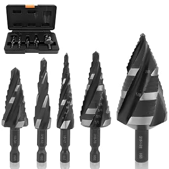 Four Spiral Flute Step Drill Bit Set, HSS Step Drill Bits (1/8"-1-3/8") Unibit Step Drill Bit, 1/4" and 3/8" Shank Step Bits for Aluminum, Wood, Plastic, Metal(5 Pcs)