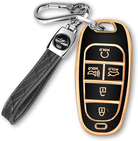 MILD EAST For Hyundai Key fob Cover 5 Button with Keychain(Gold/Black)