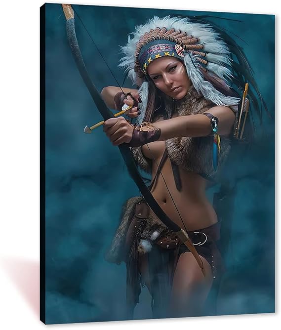 Optivixity Native American Canvas Wall Art - American Indian Girl Women Headdress Feathered Art Canvas Prints for Wall Decor, Living Room Bedroom Kitchen Decoration