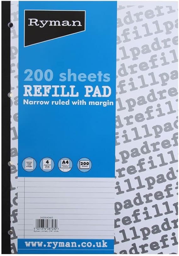 Ryman Refill Pad A4 Narrow Ruled With Margin 400 Pages 200 Sheets