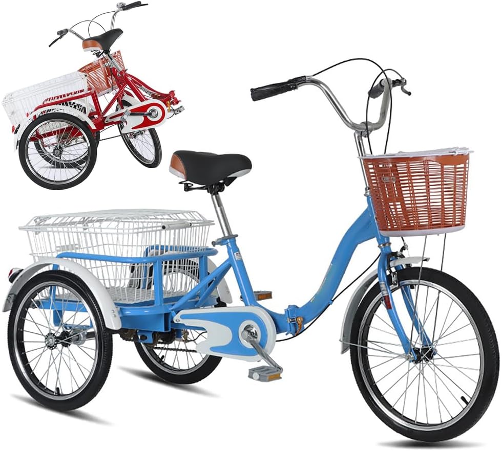 Blue, Senior Tricycle for Adults -Human-Powered Bikes with Vegetable Basket 10-Second Foldable Design,Thick Comfortable Seat,Pedal-Powered Leisure Trike for Grocery Shopping, Cargo