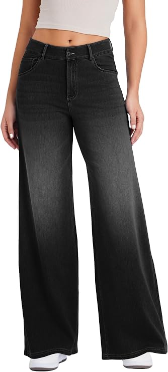 Wide Leg Jeans for Women with a Traditional Button and Zipper Placket Design,Straight Cut, Loose fit,Suitable for Casual, Yoga, Fitness High Elasticity Denim Pants.(DarkGreyL)