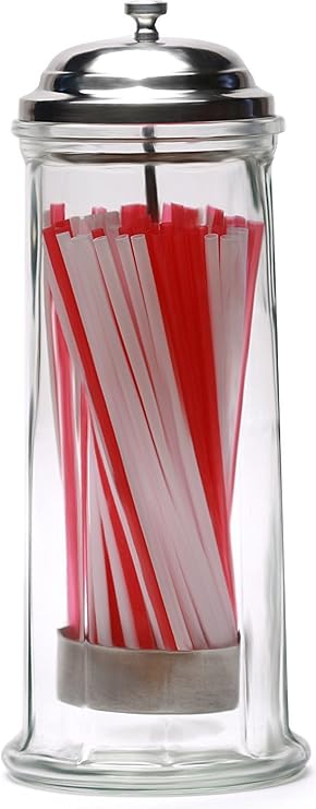 Circleware Retro Old Fashioned Glass Straw Dispenser Holder with Metal Lid and Red & White Beverage Drinking Tubes Included, Holds Pencils and Chopsticks, 10.8" H x 4.1" W, Vintage Utensil Jar