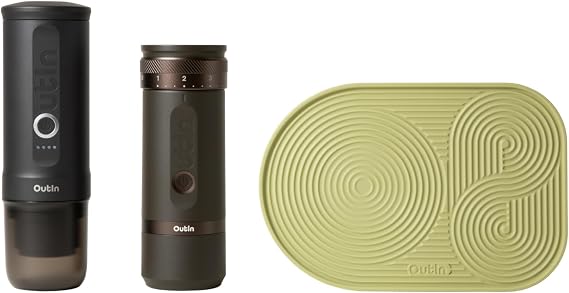 OutIn Nano Portable Electric Espresso Machine, Electric Coffee Grinder, Silicone Coffee Mat