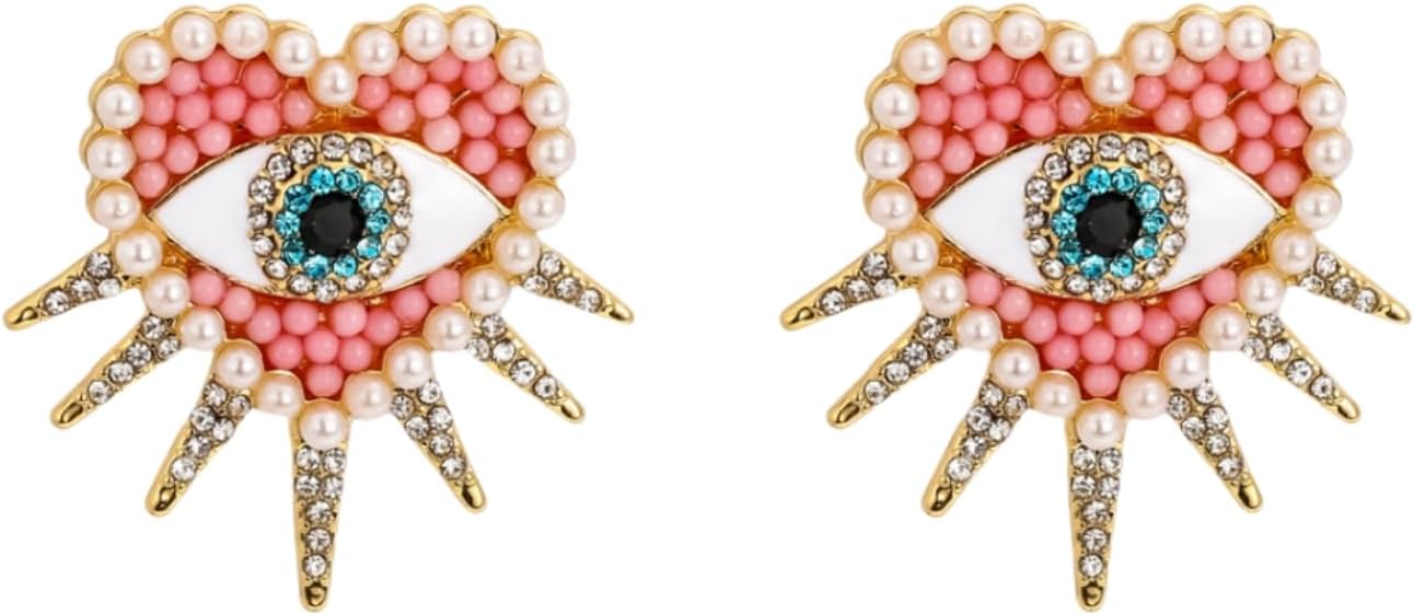 Selenichast Heart Evil Eye Earrings Flat Back Pearl Cubic Zirconia Fashion Earrings For Women Birthday Christmas Jewelry Gifts