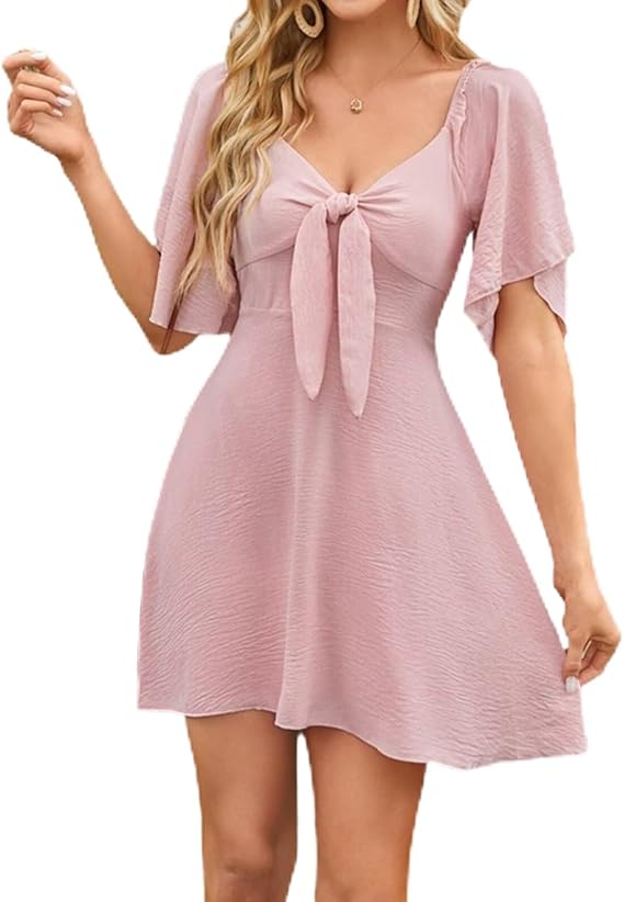 V Neck Puff Sleeve Mini Dress, Bow Tie A-Line Summer Sundress | Lightweight V-neck mini with puff sleeves and tie front, easy for beach trips, brunch, parties or casual days