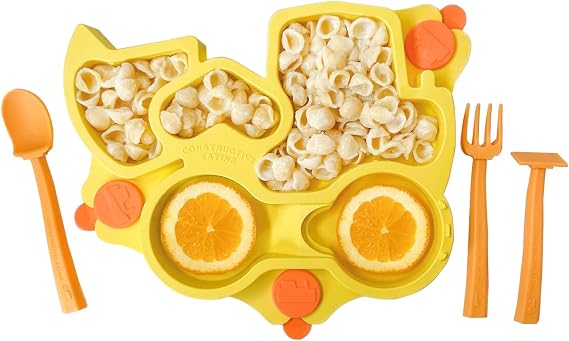 Constructive Eating Plate Made in USA | Constructive Baby | Kids Dinnerware Set, Yellow Truck Plate | Divided Suction Plates for Toddlers Made with Materials Tested for Safety