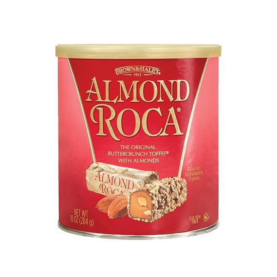 Almond Roca Pack of 1 - 10oz Individually Wrapped Chocolate Candy Cannister - Original Buttercrunch Toffee with Almonds - Gluten Free, Kosher, Chocolate